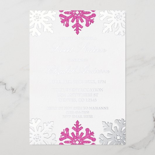 Silver Pink Snowflake Winter Sweet 16 Folie Uitnodiging (Voorkant)