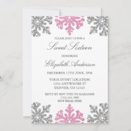 Silver Pink Snowflake Winter Sweet 16 Kaart