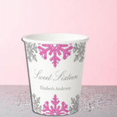 Silver Pink Snowflake Winter Sweet 16 Papieren Bekers