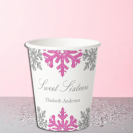 Silver Pink Snowflake Winter Sweet 16 Papieren Bekers