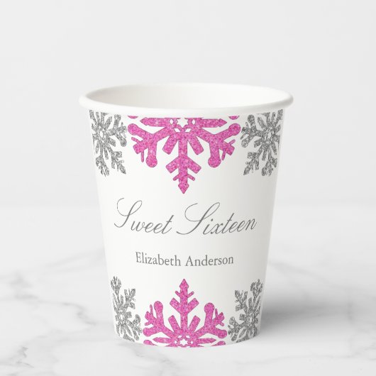 Silver Pink Snowflake Winter Sweet 16 Papieren Bekers (Voorkant)