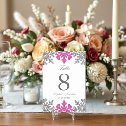 Silver Pink Snowflake Winter Wedding Kaart