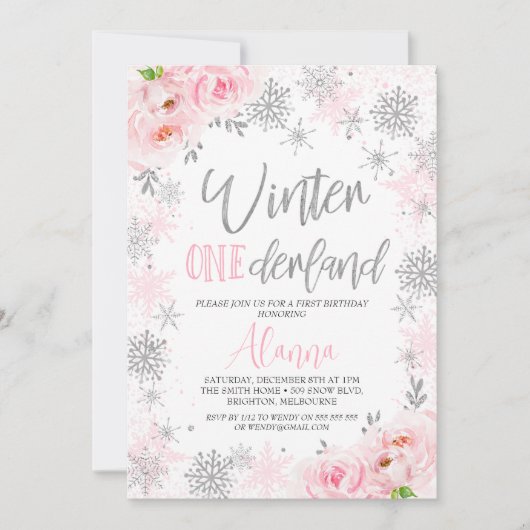 Silver Pink Snowflakes Winter Onederland Birthday Kaart (Voorkant)