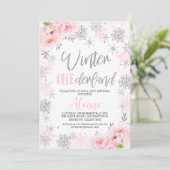Silver Pink Snowflakes Winter Onederland Birthday Kaart (Staand voorkant)
