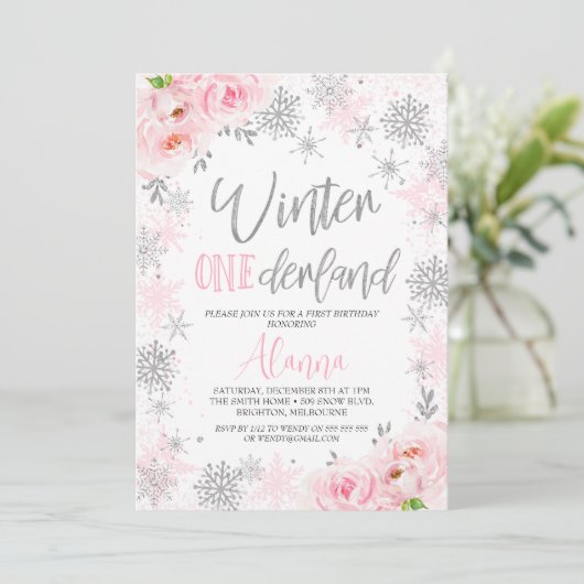 Silver Pink Snowflakes Winter Onederland Birthday Kaart (Staand voorkant)