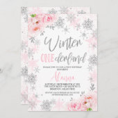 Silver Pink Snowflakes Winter Onederland Birthday Kaart (Voorkant / Achterkant)