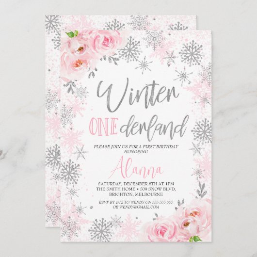 Silver Pink Snowflakes Winter Onederland Birthday Kaart (Voorkant / Achterkant)