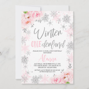 Silver Pink Snowflakes Winter Onederland Birthday Kaart