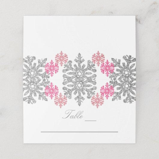 Silver Pink Snowflakes Winter Weddenschap Plaatskaartje (Buitenkant ongevouwen)
