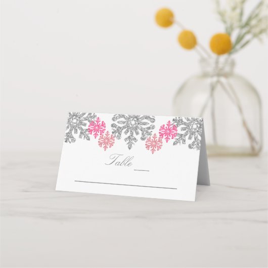 Silver Pink Snowflakes Winter Weddenschap Plaatskaartje (Voorkant)