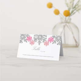 Silver Pink Snowflakes Winter Weddenschap Plaatskaartje