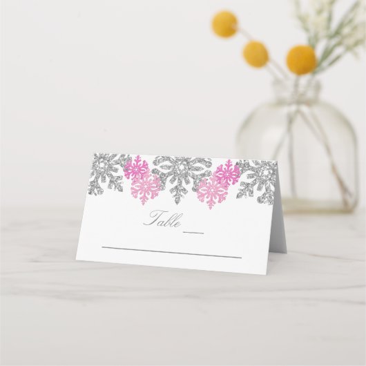 Silver Pink Snowflakes Winter Weduwgoedkaart Plaatskaartje (Voorkant)