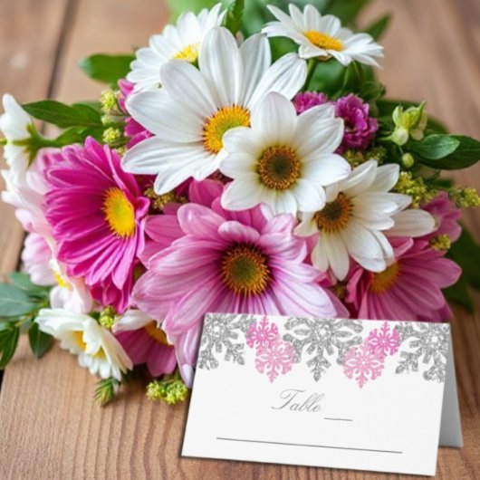 Silver Pink Snowflakes Winter Weduwgoedkaart Plaatskaartje