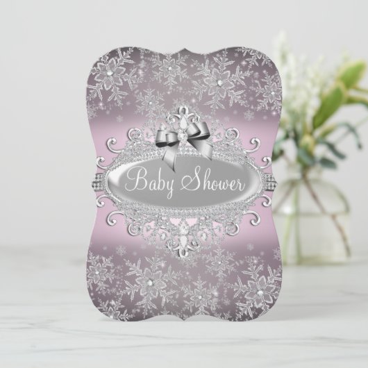 Silver Pink Sparkle Snowflake Baby shower nodigt u Kaart (Staand voorkant)