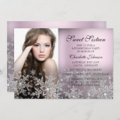 Silver Pink Sparkle Snowflake Foto Sweet 16 Kaart (Voorkant / Achterkant)