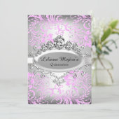 Silver Pink Tiara & Glitter Floral Quinceanera Kaart (Staand voorkant)