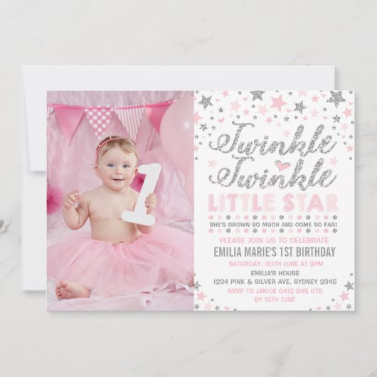 Silver & Pink Twinkle Little Star Verjaardag Uitno Kaart (Voorkant)