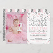Silver & Pink Twinkle Little Star Verjaardag Uitno Kaart (Voorkant / Achterkant)