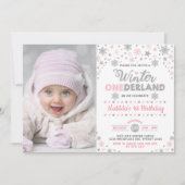 Silver Pink Winter ONEderland Birthday Snowflake Kaart (Voorkant)