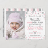 Silver Pink Winter ONEderland Birthday Snowflake Kaart (Voorkant / Achterkant)