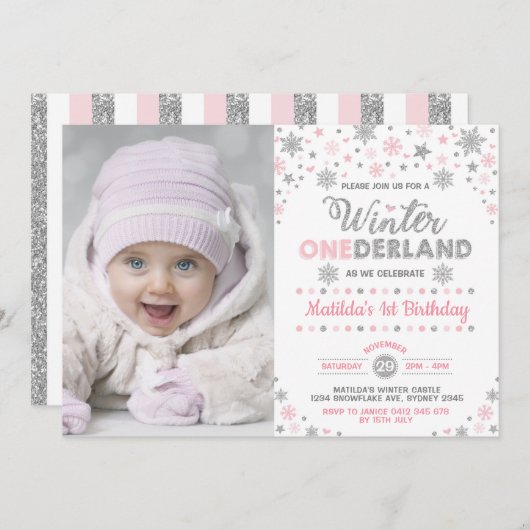 Silver Pink Winter ONEderland Birthday Snowflake Kaart (Voorkant / Achterkant)
