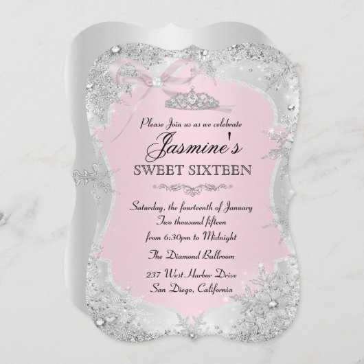 Silver Pink Winter Snowflake Sweet 16 Uitnodiging (Voorkant / Achterkant)