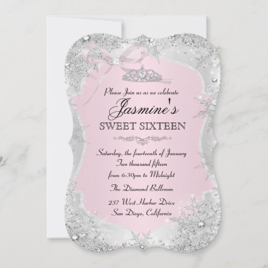 Silver Pink Winter Snowflake Sweet 16 Uitnodiging (Voorkant)