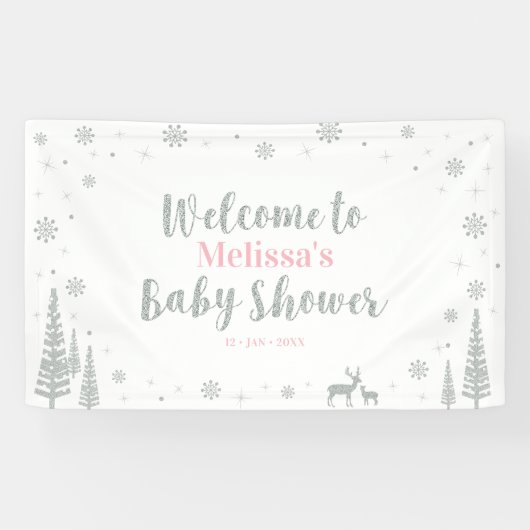 Silver Pink Winter Wonderland Baby shower Welkom Spandoek (Horizontaal)