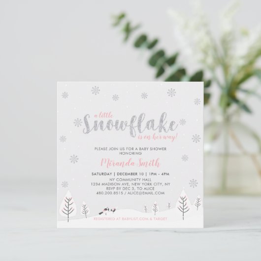 Silver & Pink Winter Wonderland Girl Baby shower Kaart (Staand voorkant)