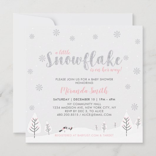 Silver & Pink Winter Wonderland Girl Baby shower Kaart (Voorkant)