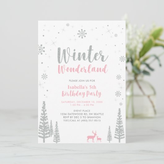 Silver, Pink Winter Wonderland Kinderen Birthday P Kaart (Staand voorkant)