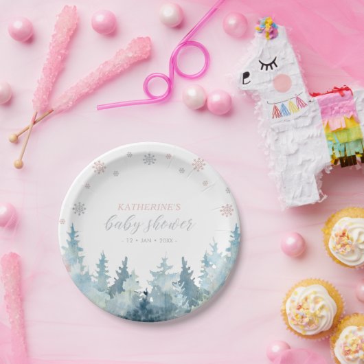 Silver & Pink Winter Wonderland Snow Baby shower Papieren Bordje (Feest)