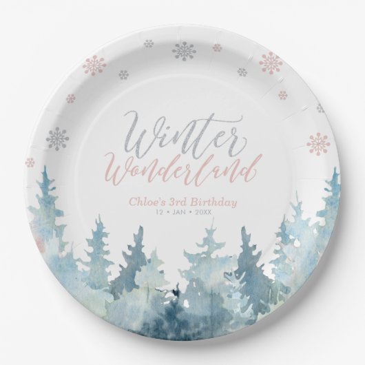 Silver & Pink Winter Wonderland Snowflake Birthday Papieren Bordje (Voorkant)