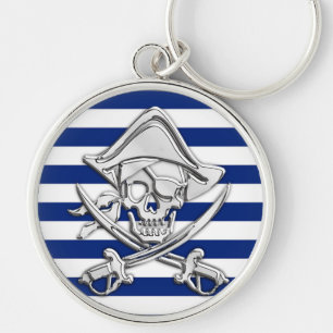 Silver Pirate over Nautical Stripes Sleutelhanger