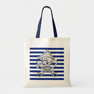 Silver Pirate over Nautical Stripes Tote Bag