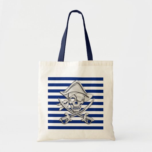 Silver Pirate over Nautical Stripes Tote Bag (Voorkant)