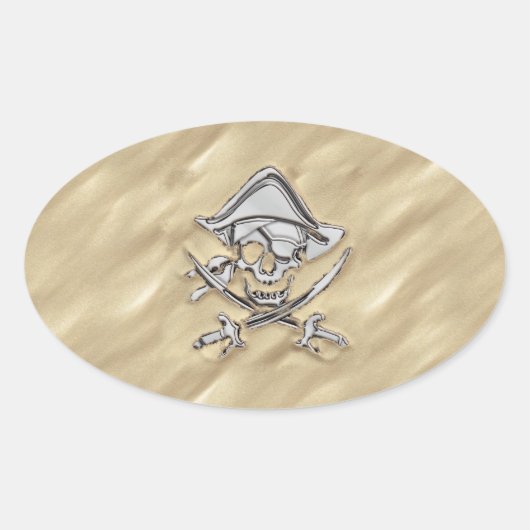Silver Pirate Skull in het zand decor Ovale Sticker (Voorkant)