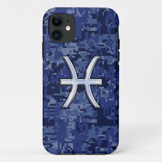 Silver Pisces Zodiac Sign Navy Blue Digital Camo Case-Mate iPhone Case (Achterkant)