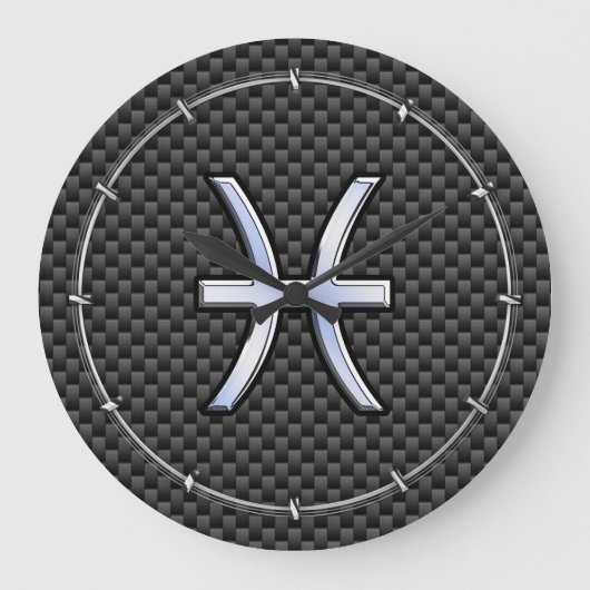 Silver Pisces Zodiac Sign on Carbon Fibre Print Grote Klok (Voorkant)