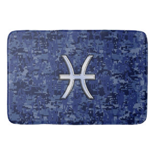 Silver Pisces Zodiac Symbol Navy Blue Digital Camo Badmat