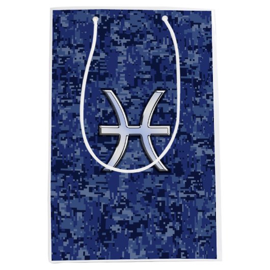 Silver Pisces Zodiac Symbol Navy Blue Digital Camo Medium Cadeauzakje (Voorkant)