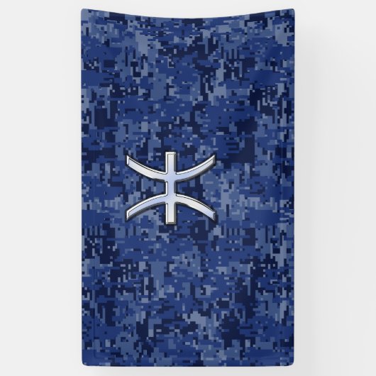 Silver Pisces Zodiac Symbol Navy Blue Digital Camo Spandoek (Verticaal)