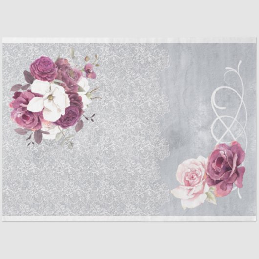 Silver & Plum Floral Lace Tissue Paper Tissuepapier (Voorkant)