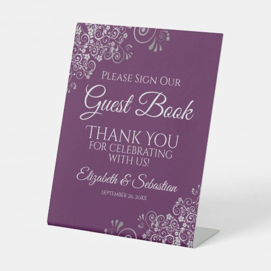 Silver & Plum Please Sign our Guest Book Sign Reclamebord Met Voetstuk (Voorkant)