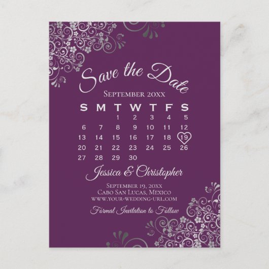 Silver Plum Purple Wedding Save the Date Calendar Aankondigingskaart (Voorkant)