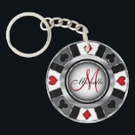 Silver Poker Chip Design - Monogram Sleutelhanger<br><div class="desc">📌 GELIEVE TE LEZEN! Monogram Faux Silver, Black en Red Poker Chip design sleutelhanger, klaar om u te personaliseren. 📌 Als u meer aanpassing nodig hebt, klikt u op de knop "Klik om verder aan te passen" of "Ontwerp aanpassen of bewerken" en gebruikt u ons ontwerpgereedschap om de grootte van...</div>