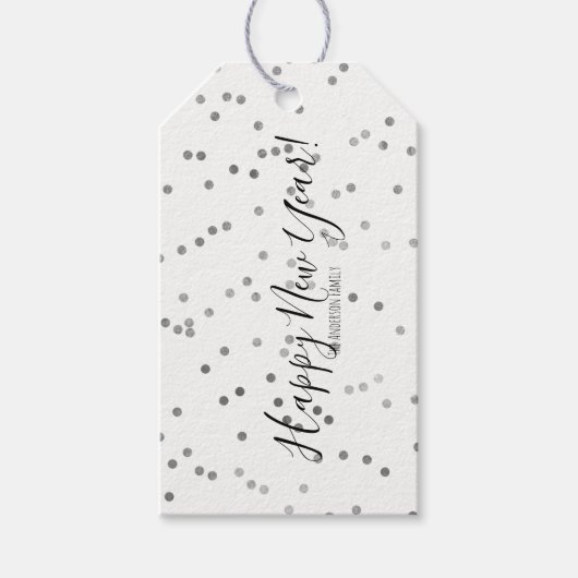 Silver Polka Dot Confetti Happy New Year Gift Labe Cadeaulabel (Voorkant)