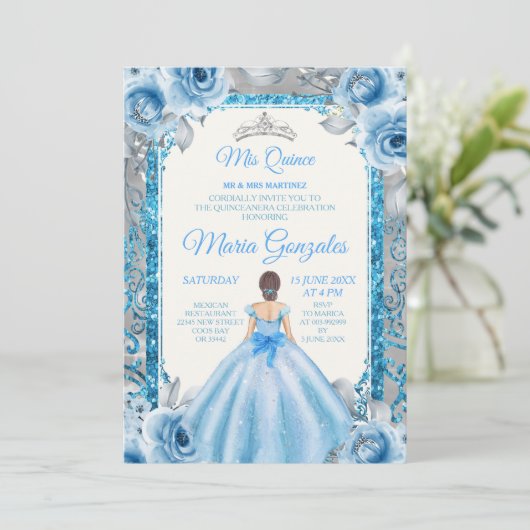 Silver Princess Blue Rozen Quinceanera Uitnodiging (Staand voorkant)