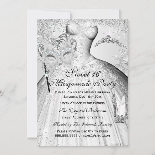  Silver Princess Masquerade Sweet 16 Invite Kaart (Voorkant)