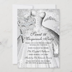 Silver Princess Masquerade Sweet 16 Invite Kaart
